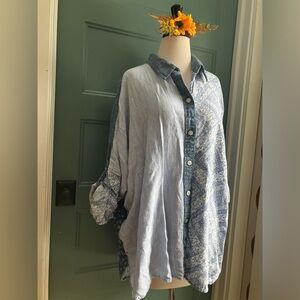 American Eagle Outfitters Blue and White Patterned button Shirt linen viscose